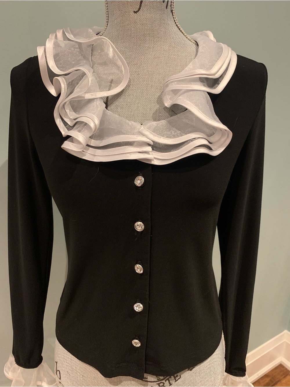 Joseph Ribkoff Black Button-Front Top with White Ruffle Trim - Picture 3 of 16
